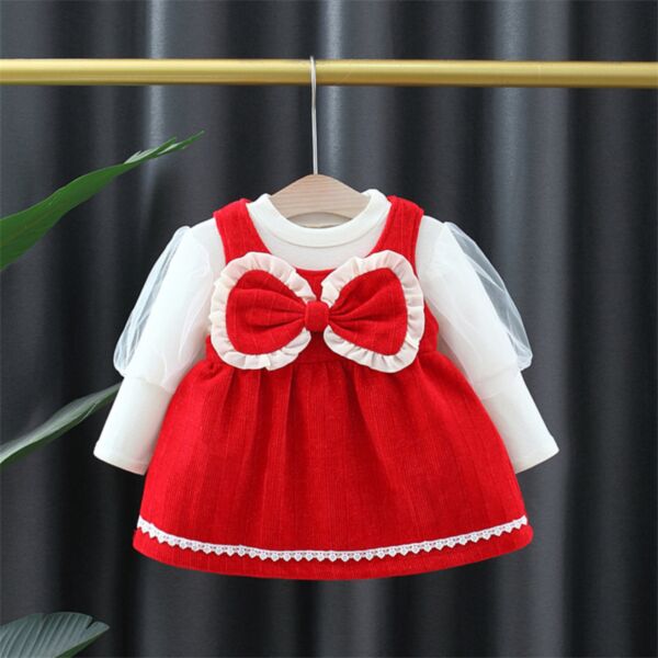 6M-3Y Mesh Long Sleeve Pullover And Red Bowknot Dress Set Baby Wholesale Clothing KDV493574