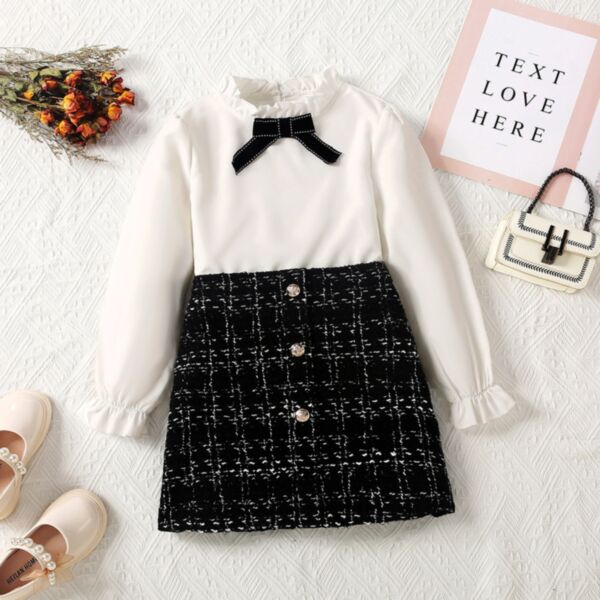7-12Y White Lotus Collar Pullover And Plaid Black Skirt Set Wholesale Kids Boutique Clothing KDV493764