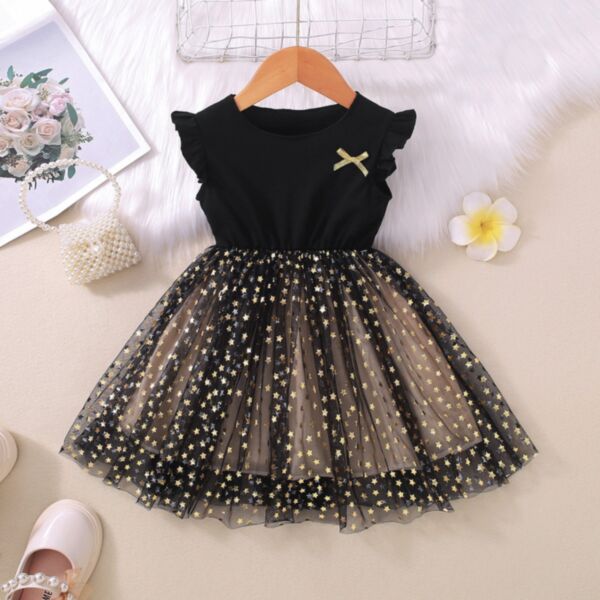 18M-6Y Flying Sleeve Star Gold Bowknot Mesh Dress Wholesale Kids Boutique Clothing KDV493758