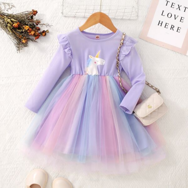 18M-6Y Long Flying Sleeve Unicom Rainbow Mesh Dress Wholesale Kids Boutique Clothing KDV493746