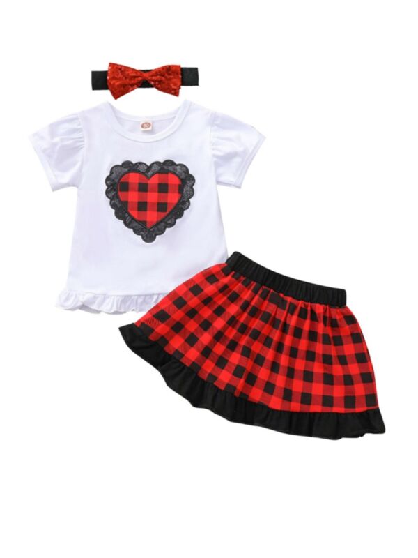 3 Pieces Kid Girl Love Heart Checked Set Top Skirt Headband