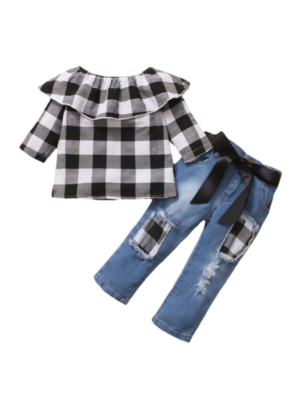 2-Piece Kid Girl Checked Ruffle Collar Top And Belted Distressed Denim Pants Set