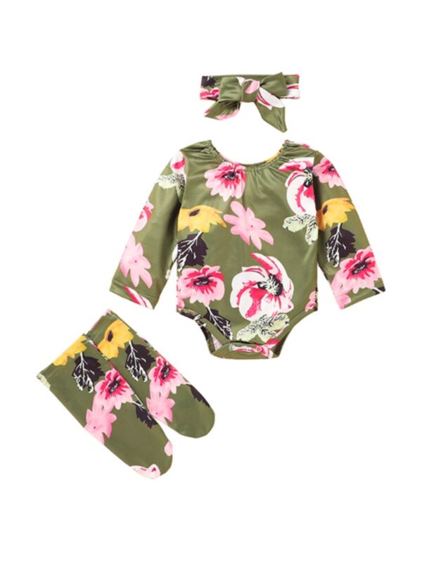 3 Pieces Baby Girl Foral Bodysuit & Socks & Headband
