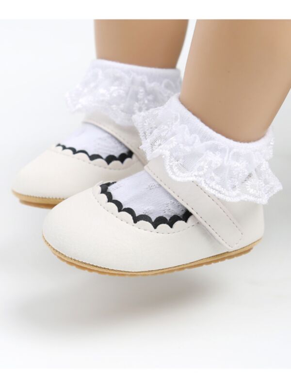 2 Pieces Baby Girl Plain PU Leather Flat Shoes & Socks
