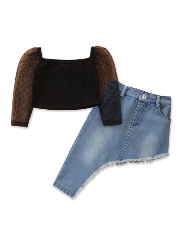 Two Pieces Kid Girl Mesh Sleeve Top And Irregular Hem Denim Skirt Set