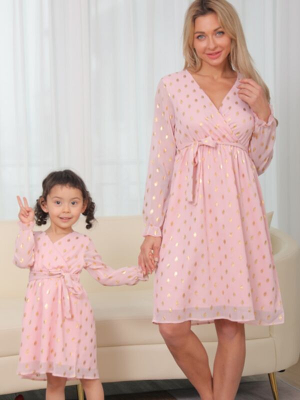 Mom And Daughter Polka Dots Dress With Belted