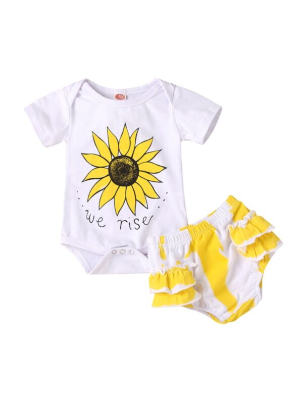 2 Pieces Baby Girl Sunflower Bodysuit & Stripe Shorts Set 