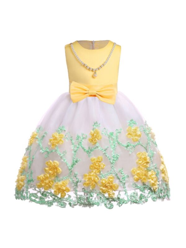 Kid Girl Flower Mesh Bow Pearl Decor Princess Tank Dress