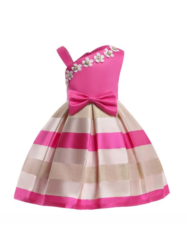 Kid Girl Bow Stripe One Shoulder Flower Party Dress