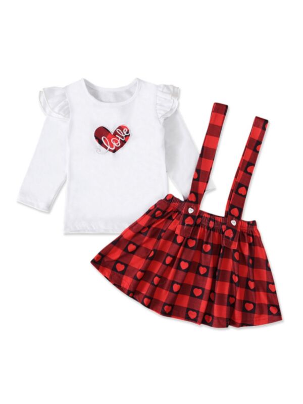 2 Pieces Toddler Kid Girl Love Heart Striped Checked Outfit Flutter Sleeve Top And Suspender Skirt 