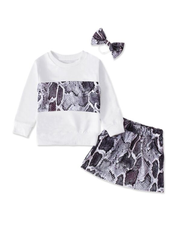 3 Pieces Toddler Kid Girl Snake Skin Colorblock Set Top & Skirt & Headband