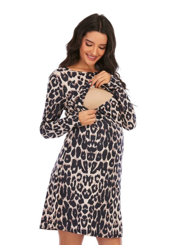 Leopard Print Maternity Nursing Dress 