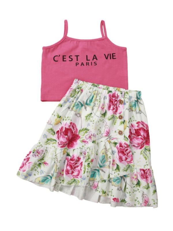 2 Pieces Kid Girl Letter Cami Top With Floral Skirt Set