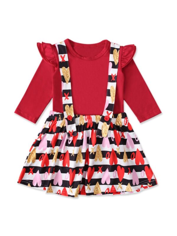 2 Pieces Toddler Kid Girl Red Top And Love Heart Striped Suspender Skirt Set
