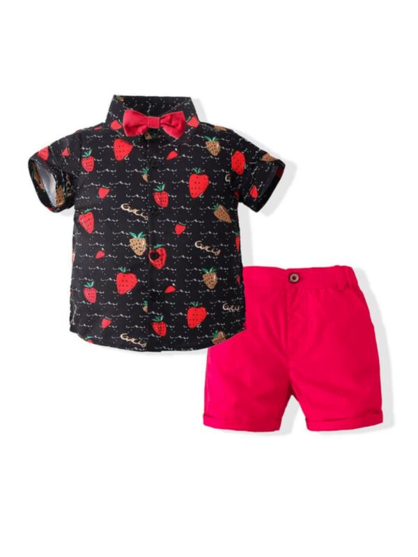 2 Pieces Kid Boy Strawberry Bow Tie Shirt & Shorts Set