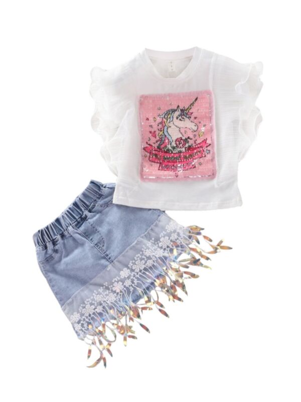 2 Pcs Kid Girl Unicorn Lace Top & Sequins Tassel Hem Demin Skirt Set 