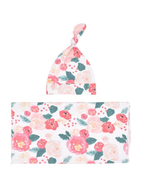 2 Pieces Newborn Floral Printed Swaddle Blanket With Hat