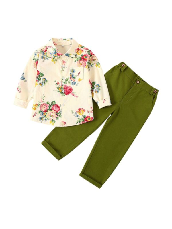 2-Piece Little Boy Flower Pattern Shirt And Green Pants Outfits