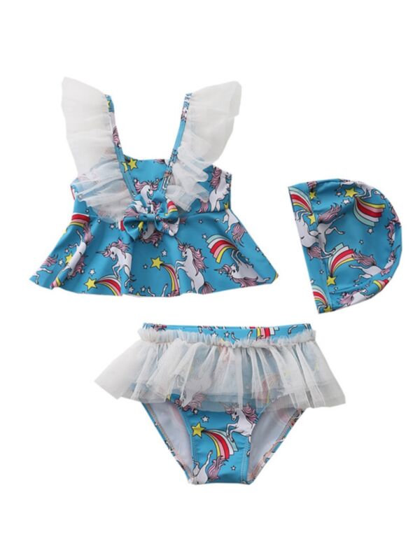 3-Piece Kid Girl Unicorn Swimwear Set Tank Top & Shorts & Hat