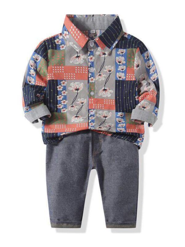 2 Pieces Kid Boy Floral Colorblock Shirt And Pants Set