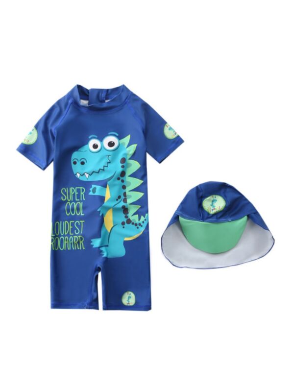 Kid Boy Dino Print Swimsuit And Hat