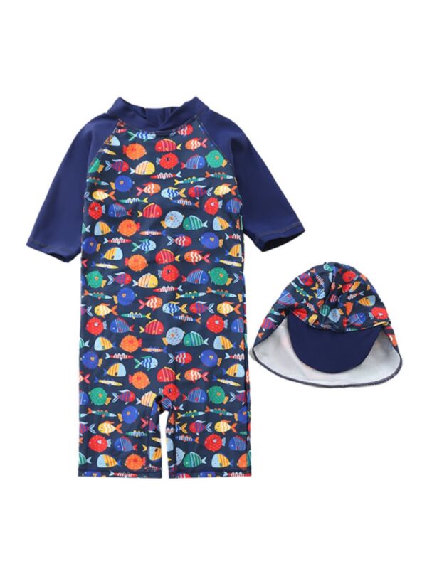 Kid Boy Fish Print Swimwear And Hat