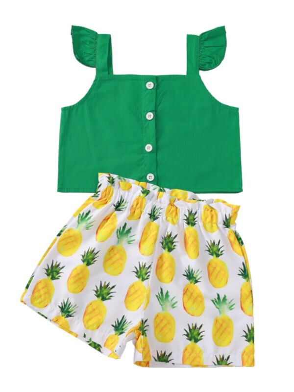 2 Pieces Kid Girl Flutter Sleeve Button Top And Pineapple Print Shorts Set