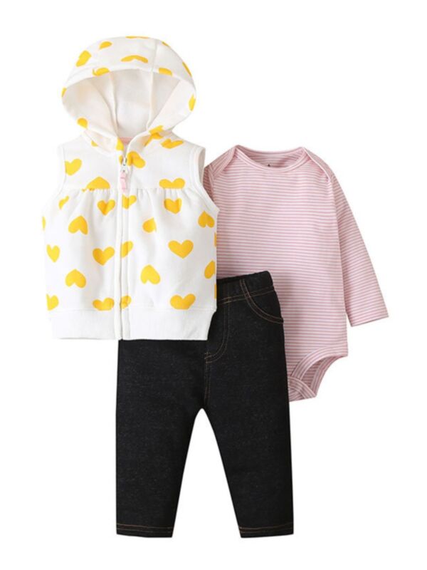 3 Pieces Baby Girl Floral Love Heart Stripe Print Set Bodysuit & Pants & Hooded Jacket  