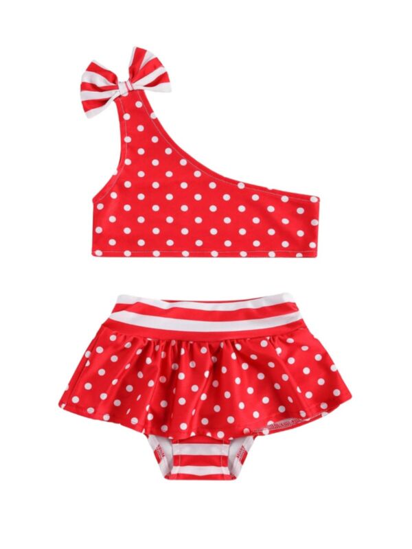 2 Pieces Toddler Girl Polka Dots Swimwear Set Bow One Shoulder Crop Top & Shorts