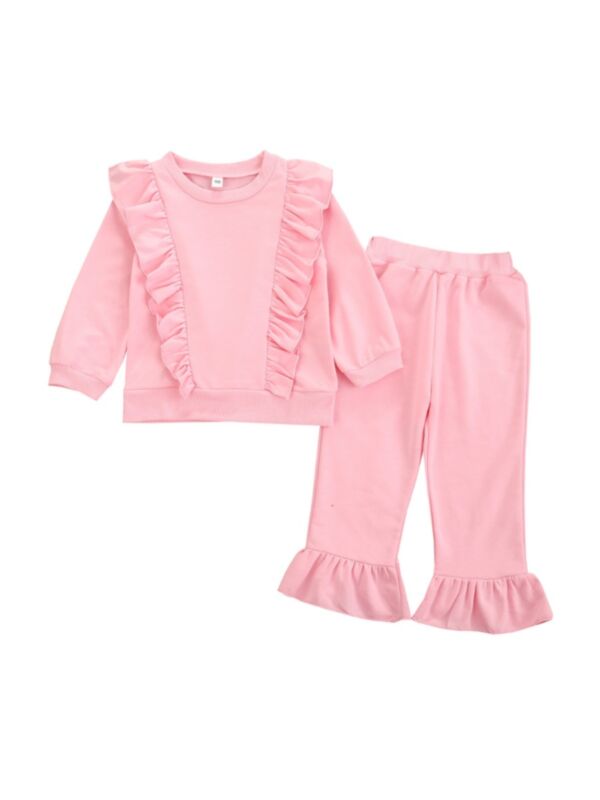 2 Pieces Kid Girl Ruffle Decor Top & Flared Pants  Set In Pink