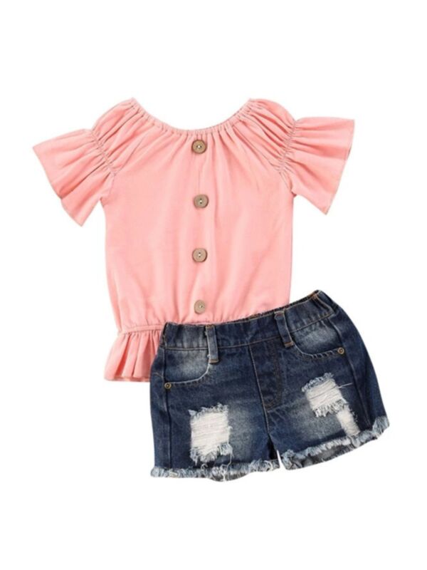 2 Pieces Kid Girl Off Shoulder Ruffle Hem Top And Ripped Denim Shorts Set