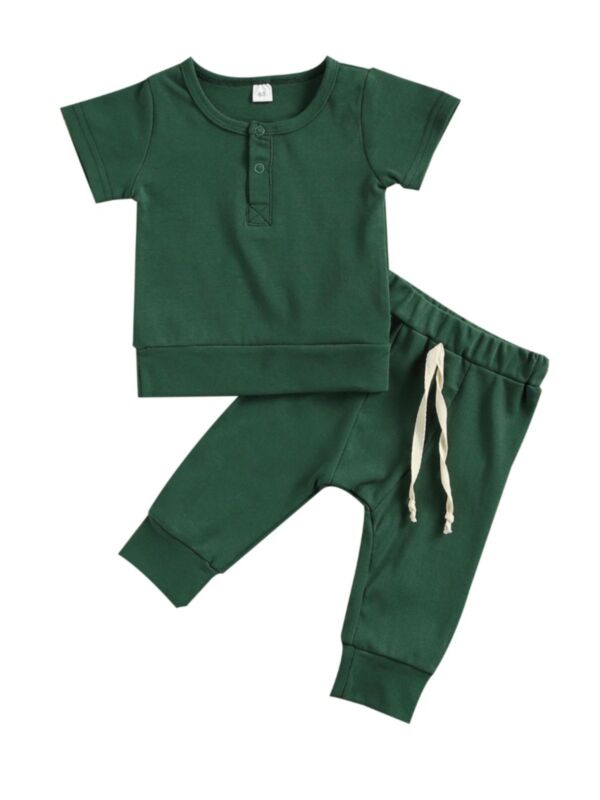 2 Pieces Infant Solid Color Set Short Sleeve Top And Drawstring Pants 