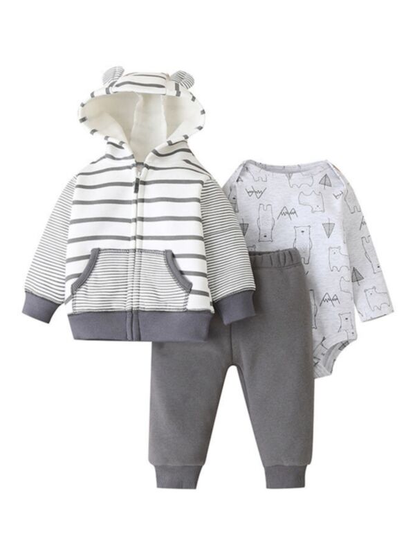 Three Pieces Striped Cartoon Print Baby Clothes Set Hoodies And Pants And Bodysuit 210108462