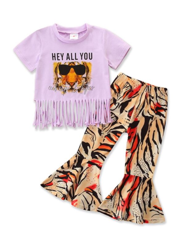 2 Pieces Baby Toddler Girl Letters Fringed Hem Top & Tiger Pattern Bell Pants Set