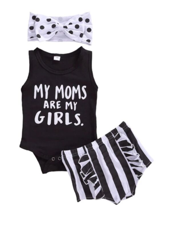 3 Pieces My Moms Are My Girls Tank Bodysuit & Stripe Shorts & Headband Set