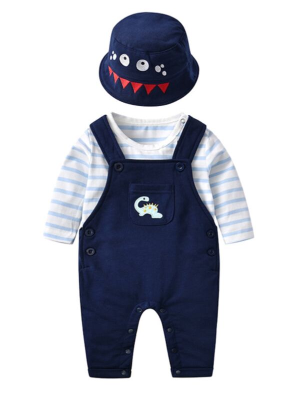 3 PCS Baby Boy Dinosaur Overalls & Stripe Bodysuit & Hat Set