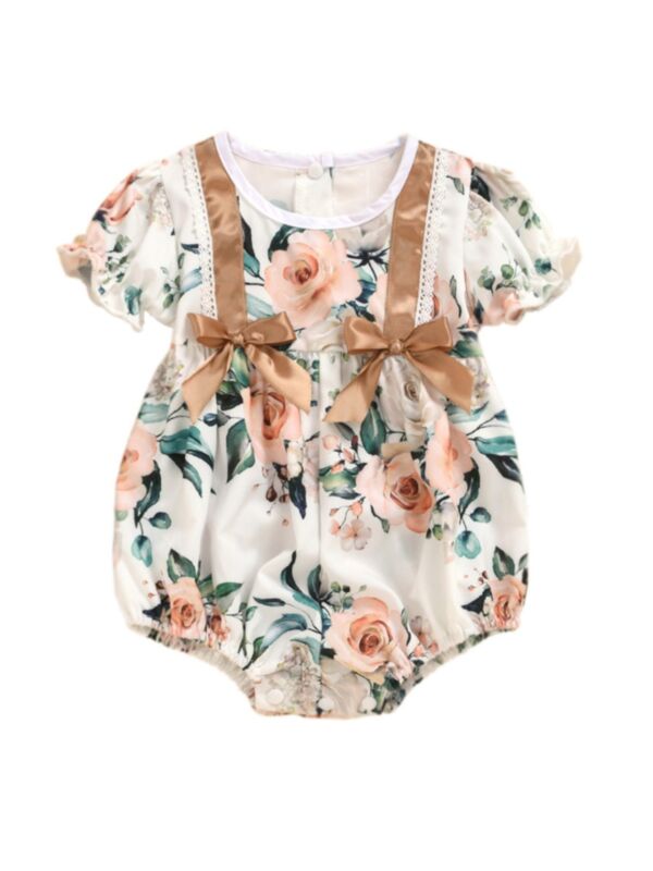 Baby Girl Bow Trim Flower Print Bodysuit