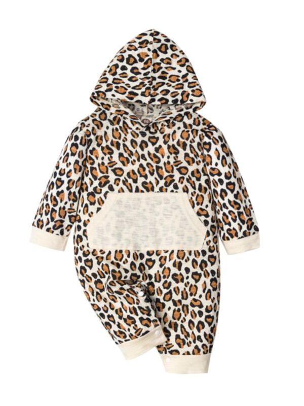 Baby Kangaroo Pocket Leopard Hooded Jumpsuit