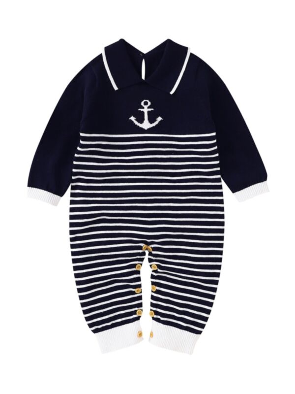 Baby Boy Turndown Collar Stripe Knit Jumpsuit