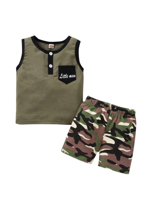 2 Pieces Toddler Kid Boy Little Man Tank Top With Camouflage Shorts Set