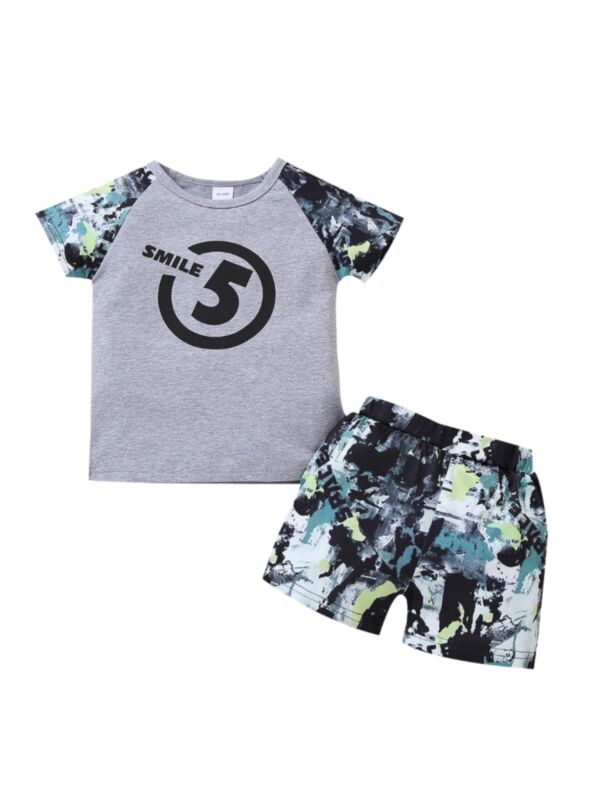 2-Piece Kid Boy Smile Colorblock Print Set  T-Shirt With Shorts