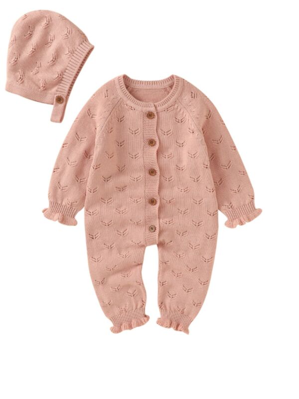 2-Piece Baby Solid Color Knit Jumpsuit With Hat