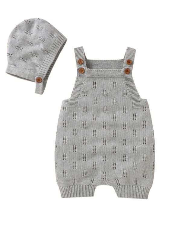 2 Pieces Baby Solid Color Knit Suspender Romper With Hat 