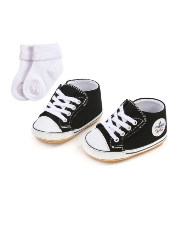 2 Pieces Baby First Walker Soft Sole  Canvas Shoes With Socks