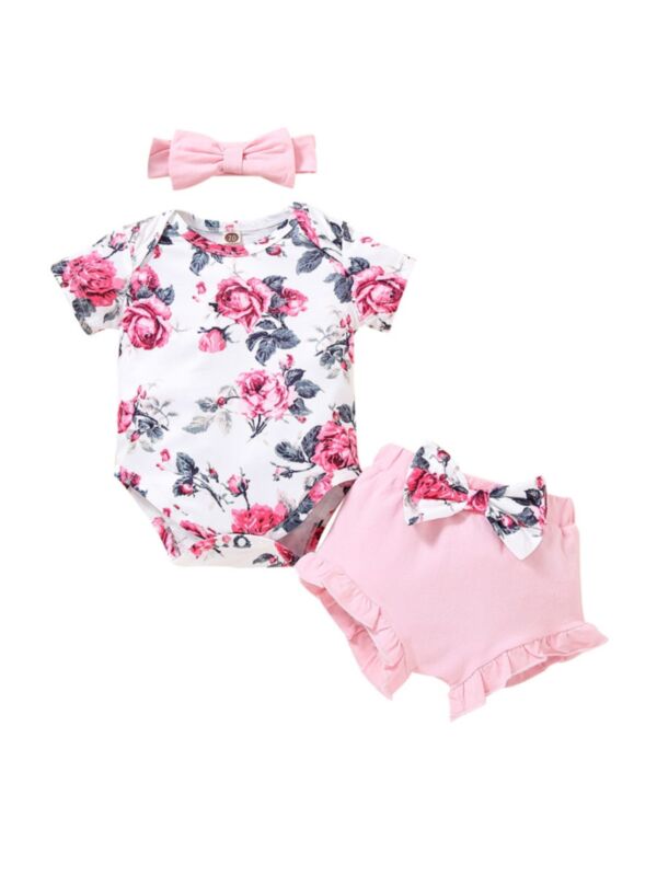 3 Pieces Baby Girl Floral Set Bodysuit & Bow Ruffle Decor Shorts & Headband