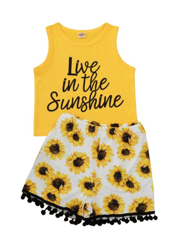 Two Pieces Kid Girl Live In The Sunshine Set Tank Top & Pom Pom Hem Sunflower Shorts 