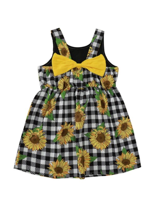 Little Girl Bow Plaid Sunflower Print Cami Dress