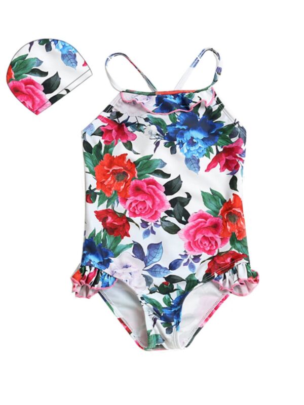 2 Pieces Kid Girl Floral Swimsuit With Hat