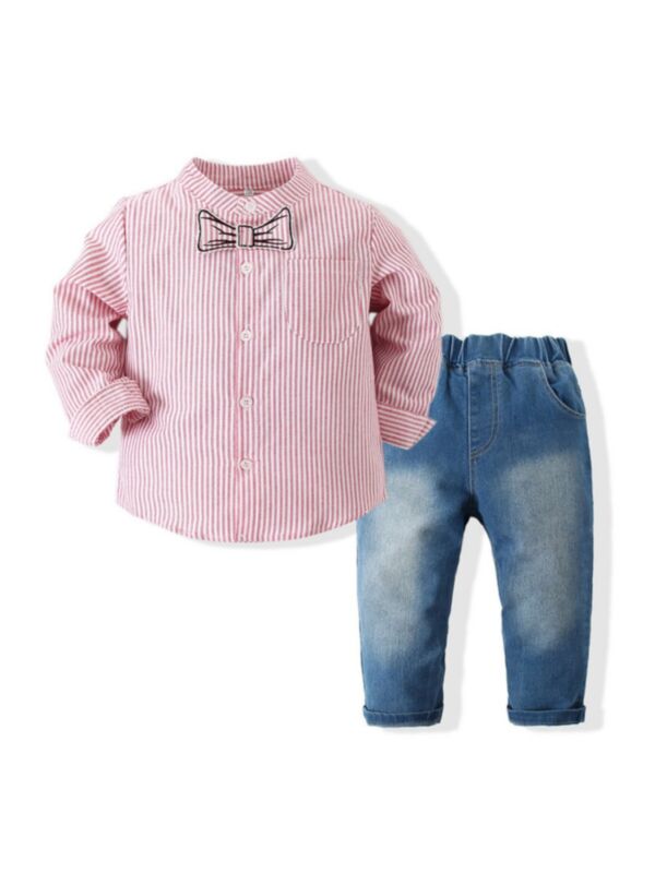 2 Pieces Kid Boy Stripe Bowtie Shirt & Jeans Set
