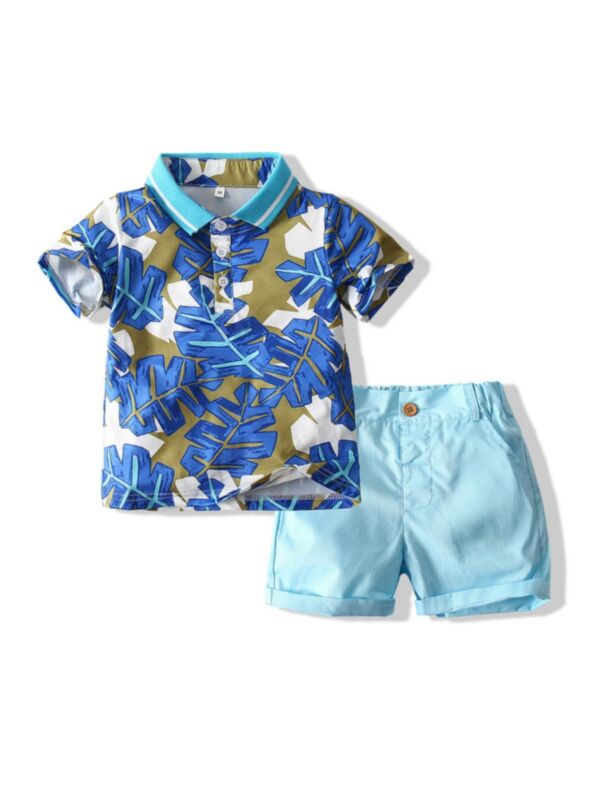  2 Pieces Kid Boy Leaves Polo Shirt & Shorts Set